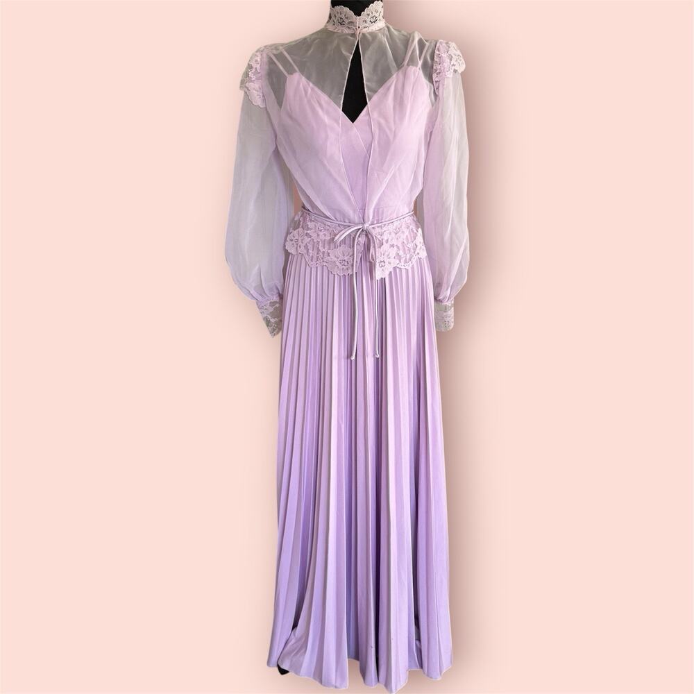Vtg 70s Purple Chiffon Overlay Maxi Dress Lace Prairie Cottagecore Prom Small